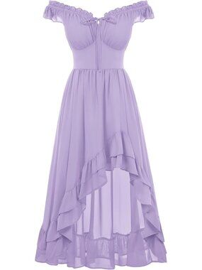 Women Renaissance Corset Dress Off Shoulder High-Low Chiffon Midi Dress-L Purple